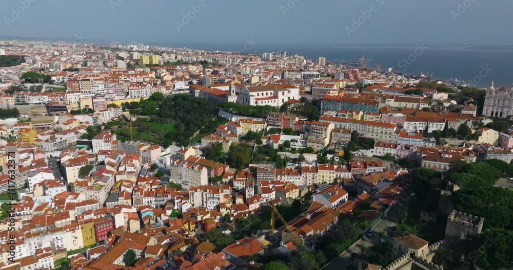 Panoramic View Over Cityscape Of Lisbon In Portugal - Drone Shot Panoramic View Over Cityscape Of Lisbon In Portugal - Drone Shot