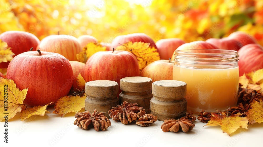 Bright red apples, crunchy nuts, and amber liquid create a cozy autumn atmosphere in nature