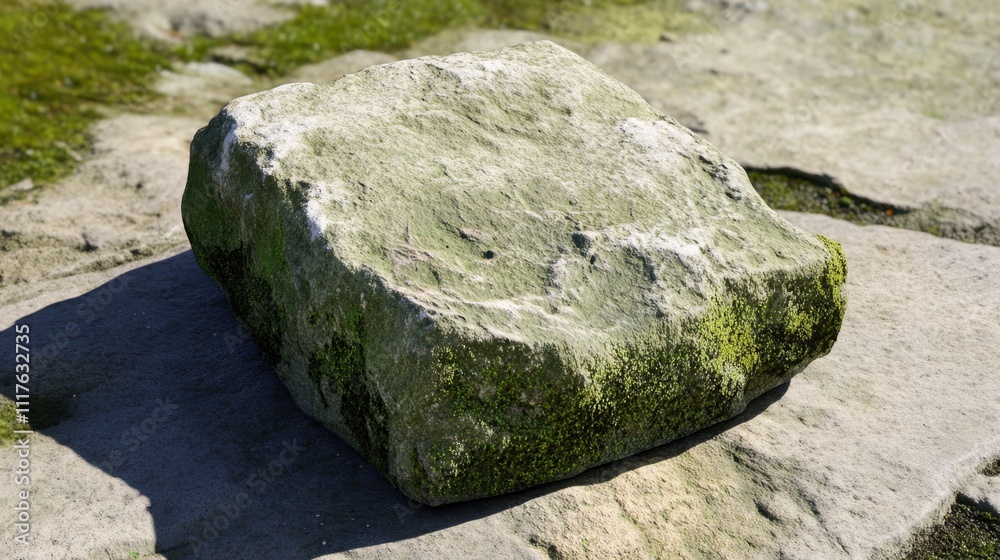 Mossy Stone Block on Weathered Surface. Mossy Stone Block on Weathered Surface.