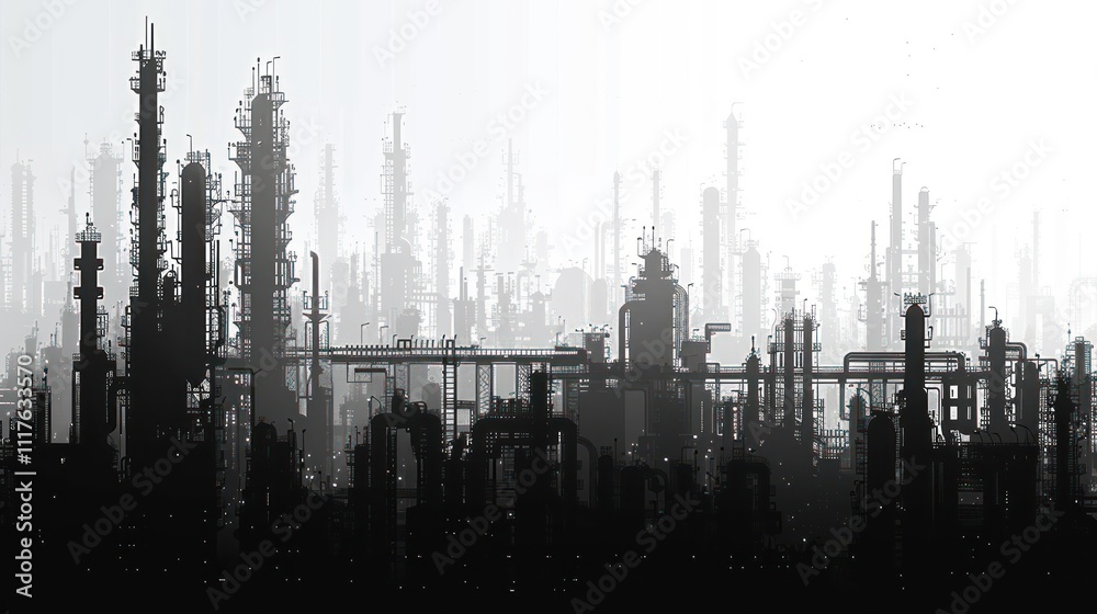 Monochrome industrial cityscape silhouette at dawn. Monochrome industrial cityscape silhouette at dawn.