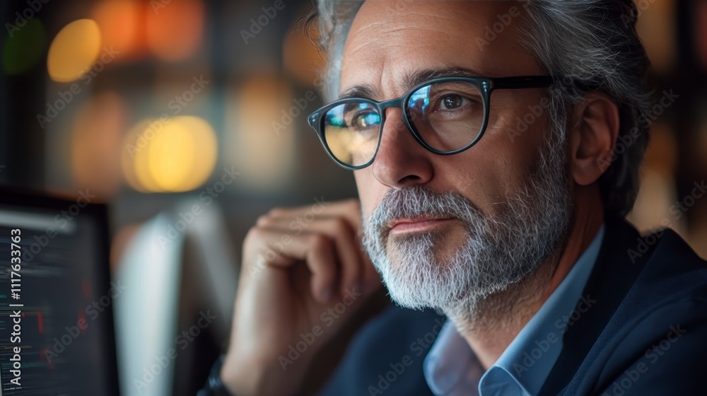Contemplative businessman working in a modern office setting Contemplative businessman working in a modern office setting
