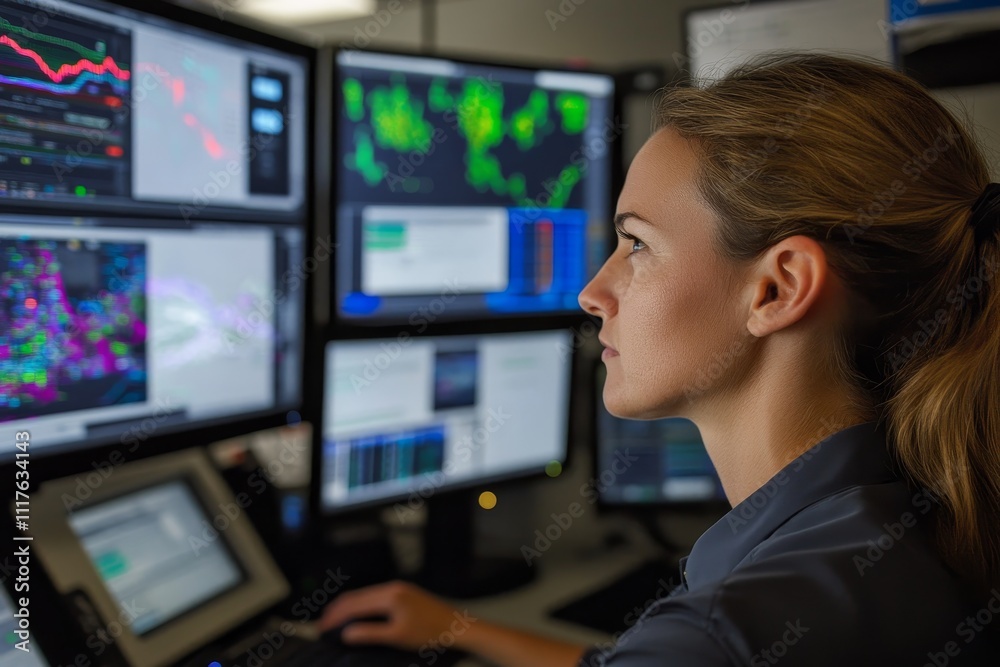 Female technician working on multiple computer screens displaying data and graphs in an energy control room. Female technician working on multiple computer screens displaying data and graphs in an energy control room.