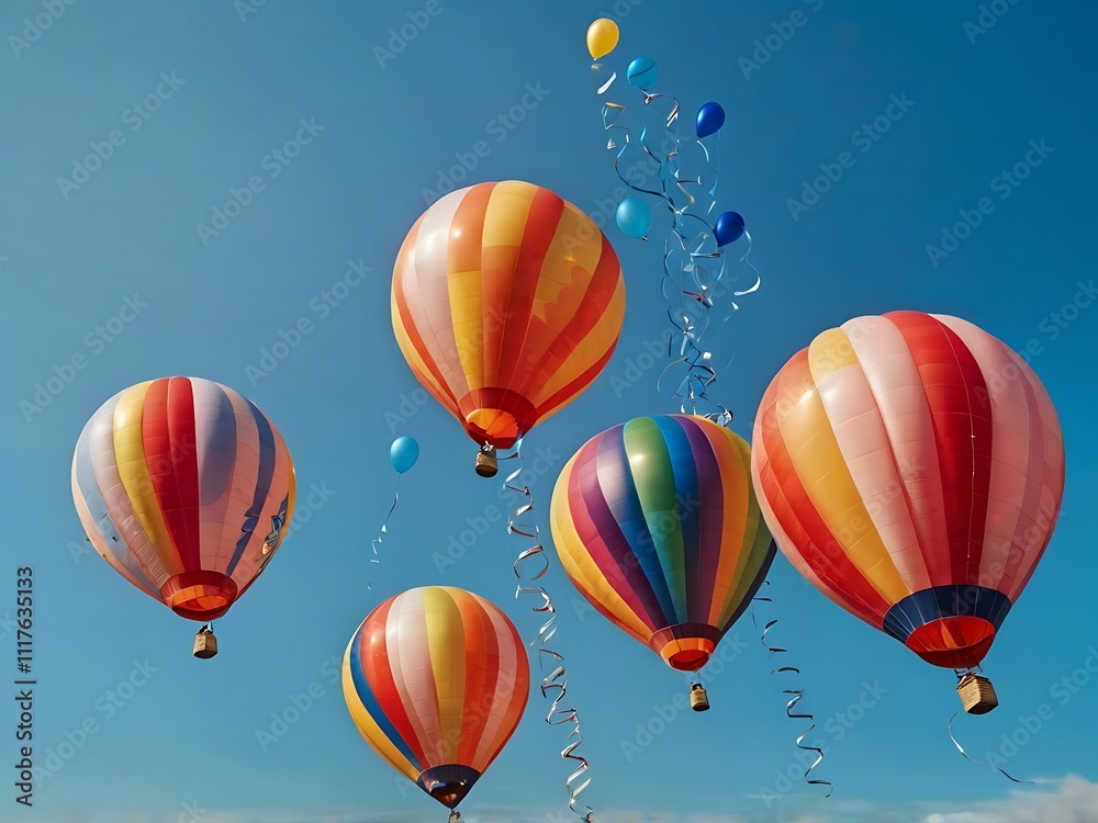 Colorful Hot Air Balloons Float Across A Clear Blue Sky Colorful Hot Air Balloons Float Across A Clear Blue Sky