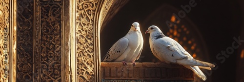 Two white doves perched on ornate arched structure in warm light photo