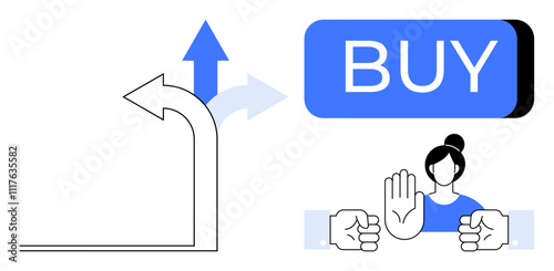 Buy button, upward and leftward arrows, person stopping action with raised hand. Ideal for decision making, online shopping, e-commerce, consumer behavior, financial planning, strategic choices