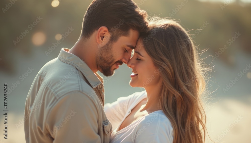 A young couple stands close, foreheads touching, radiating warmth and affection against a softly blurred natural backdrop. Their smiles and gentle expressions capture a moment of pure connection A young couple stands close, foreheads touching, radiating warmth and affection against a softly blurred natural backdrop. Their smiles and gentle expressions capture a moment of pure connection