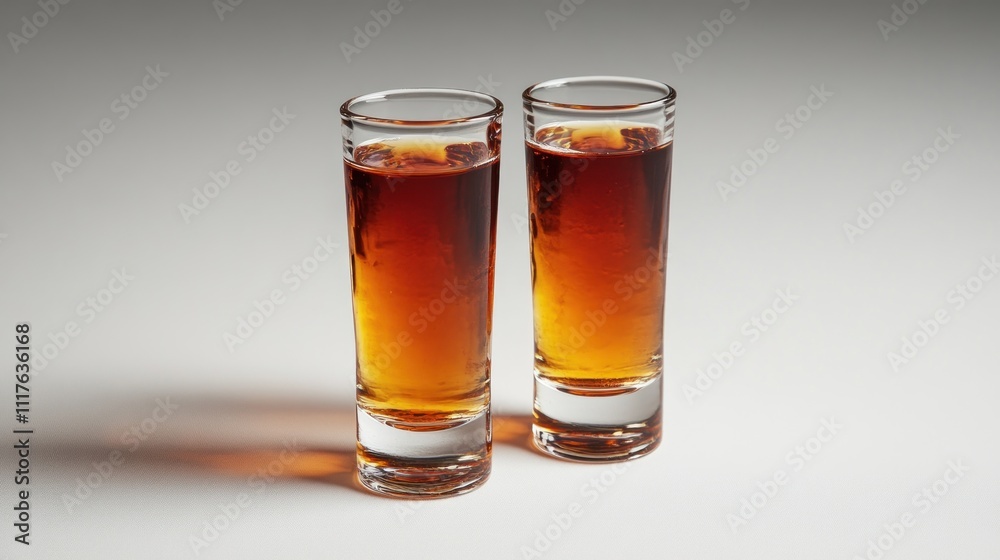 Two stylish shot glasses of rich amber liquid await toasting at festive gatherings Two stylish shot glasses of rich amber liquid await toasting at festive gatherings