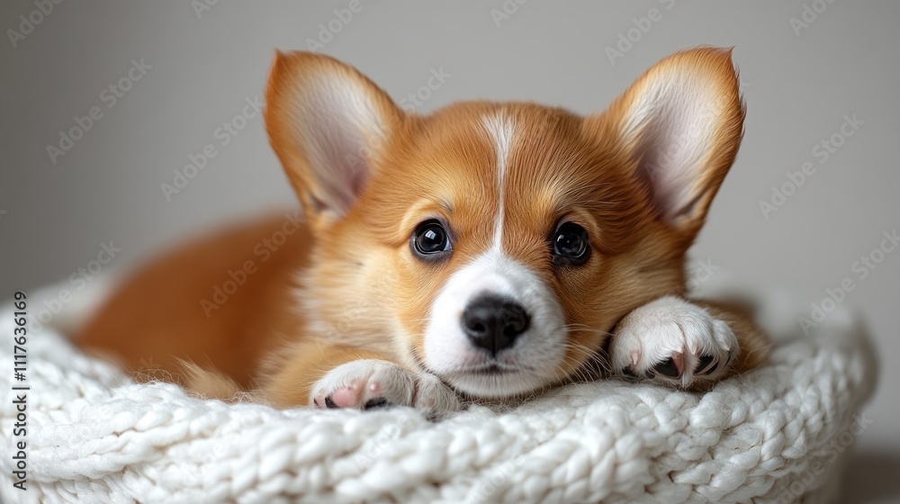 A playful corgi puppy, with fluffy ears and wide eyes, rests peacefully in a soft, warm basket A playful corgi puppy, with fluffy ears and wide eyes, rests peacefully in a soft, warm basket