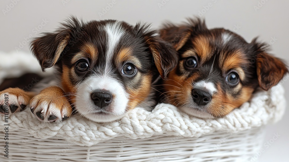 Two playful puppies cuddle in a soft basket, radiating warmth and innocence in their cozy retreat Two playful puppies cuddle in a soft basket, radiating warmth and innocence in their cozy retreat