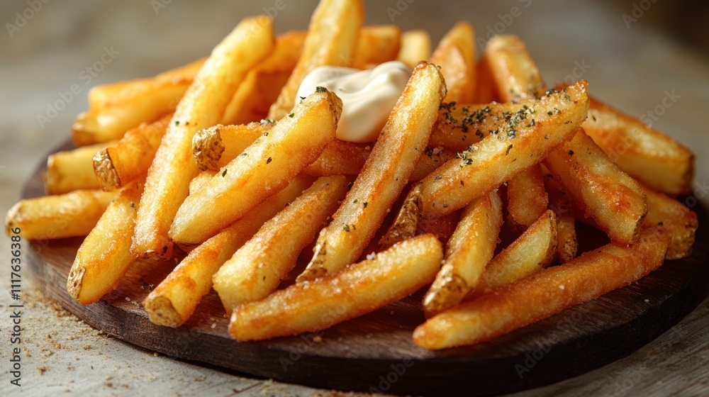 Crispy, seasoned fries served with a creamy dip for a delicious treat! Crispy, seasoned fries served with a creamy dip for a delicious treat!
