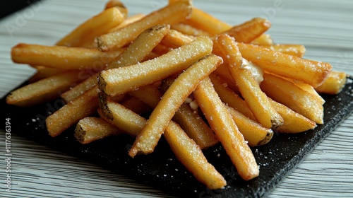 Freshly cooked, golden-brown fries sit temptingly on a rustic slate, inviting hungry diners photo