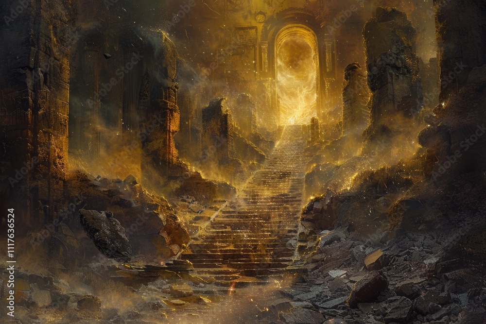 Golden Staircase Leading To A Luminous Archway In Ruins Golden Staircase Leading To A Luminous Archway In Ruins