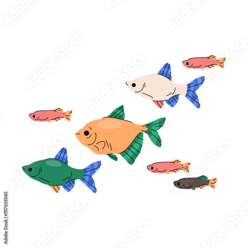 Shoal of fish or group of underwater fauna. Vector illustration of ocean or sea animal swimming in coordination in water. Marine wildlife with fin forming school. Aquatic migration or flow. Nautical