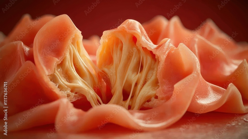 Melted cheese oozes from thin prosciutto layers, inviting indulgence and rich flavors Melted cheese oozes from thin prosciutto layers, inviting indulgence and rich flavors