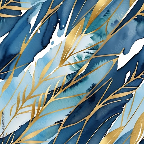 Navy Blue and Gold Watercolor Feathers  photo