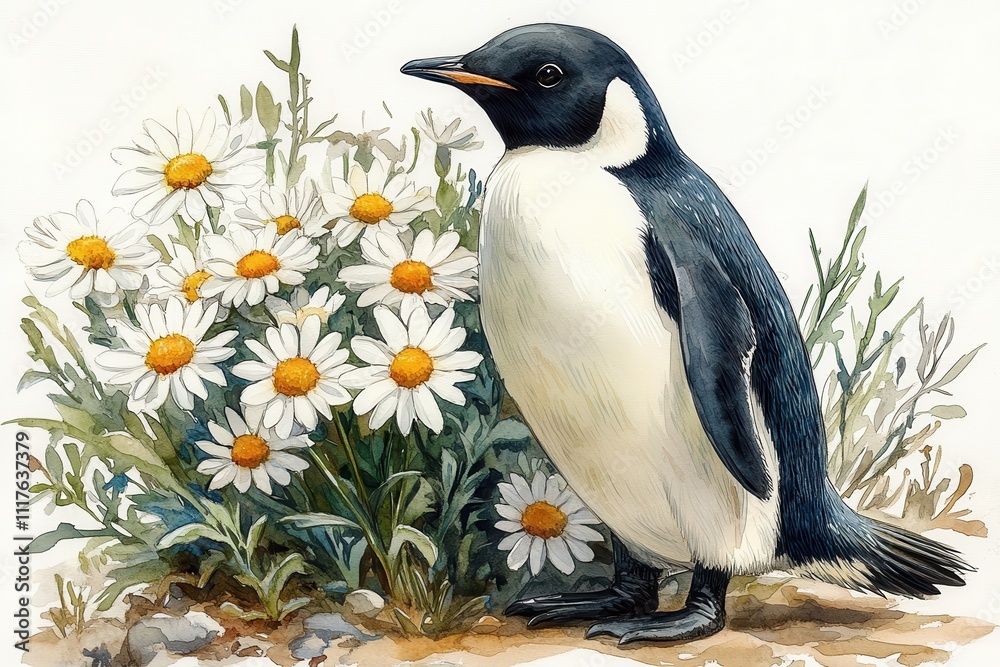 Naklejka premium A penguin stands beside blooming daisies in a serene natural setting.