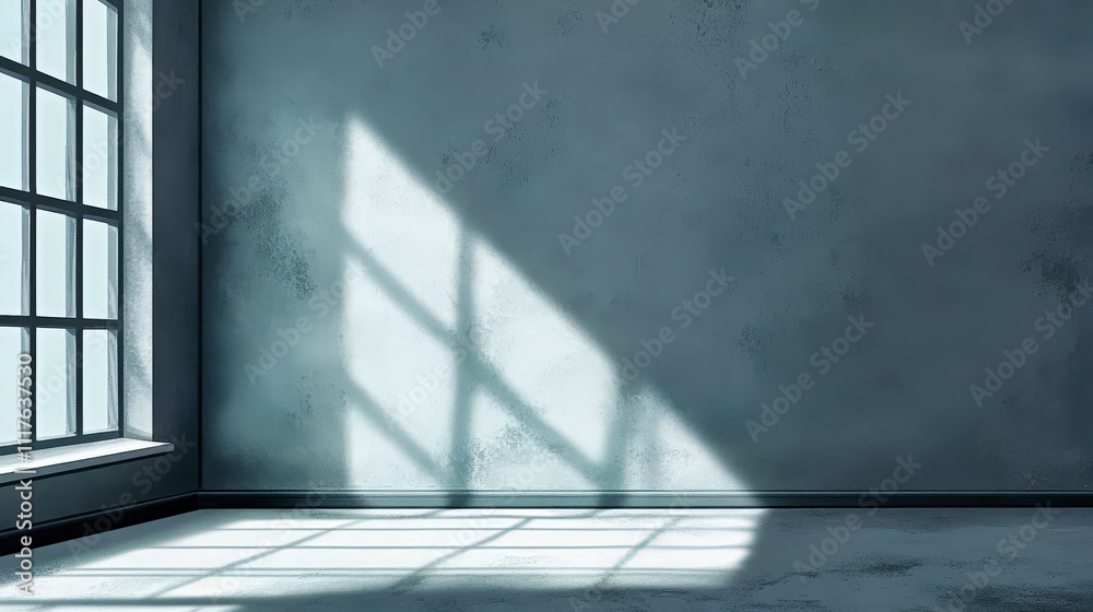 Minimal room with light and shadow through window. Sunlight forms abstract patterns in empty interior. Modern architecture with clean design, ideal for mockup use. Peaceful atmosphere and geometric Minimal room with light and shadow through window. Sunlight forms abstract patterns in empty interior. Modern architecture with clean design, ideal for mockup use. Peaceful atmosphere and geometric