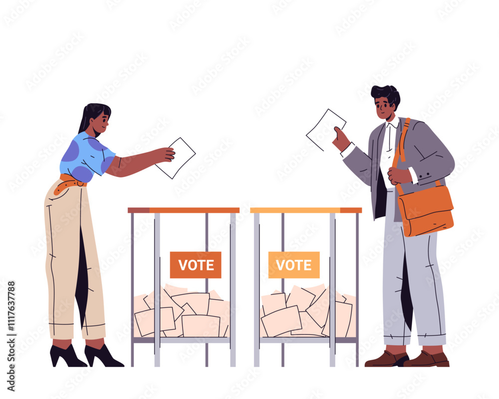 Man and woman voting by throwing their bulletin. Vector people near ballot box participate in democratic election or referendum. Citizen poll or government selection. Civil right and democracy process Man and woman voting by throwing their bulletin. Vector people near ballot box participate in democratic election or referendum. Citizen poll or government selection. Civil right and democracy process