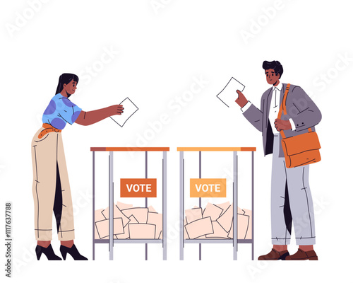 Man and woman voting by throwing their bulletin. Vector people near ballot box participate in democratic election or referendum. Citizen poll or government selection. Civil right and democracy process