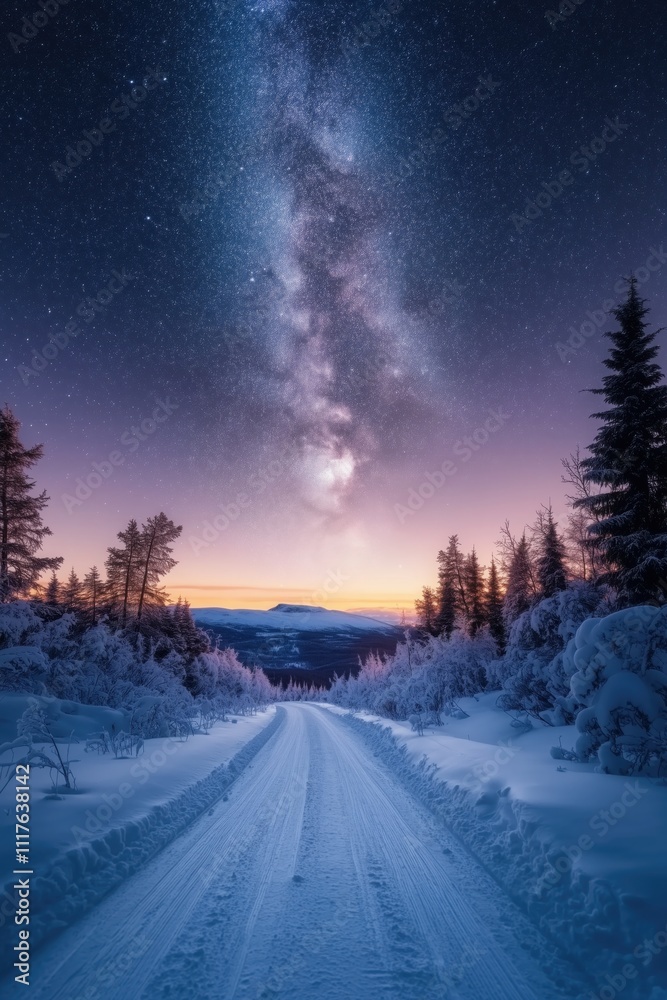 Stunning winter scene reveals a snow-covered path meandering through a frosty woodland, with the vivid milky way galaxy lighting up the evening sky Stunning winter scene reveals a snow-covered path meandering through a frosty woodland, with the vivid milky way galaxy lighting up the evening sky