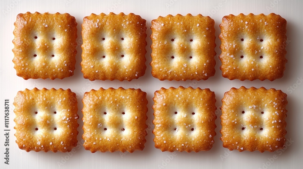 Freshly baked crackers with a golden hue lined up in an organized pattern, inviting enjoyment Freshly baked crackers with a golden hue lined up in an organized pattern, inviting enjoyment