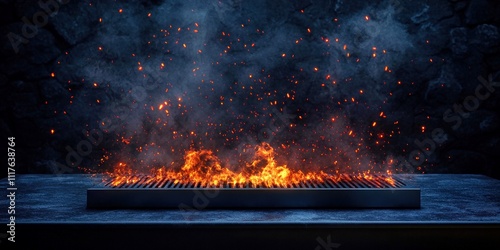 Intense flames on a barbecue grill. Fire with fierce heat, glowing with smoke and sparks. Outdoor cooking scene, dramatic template, perfect for background mockups or summer patio visuals.