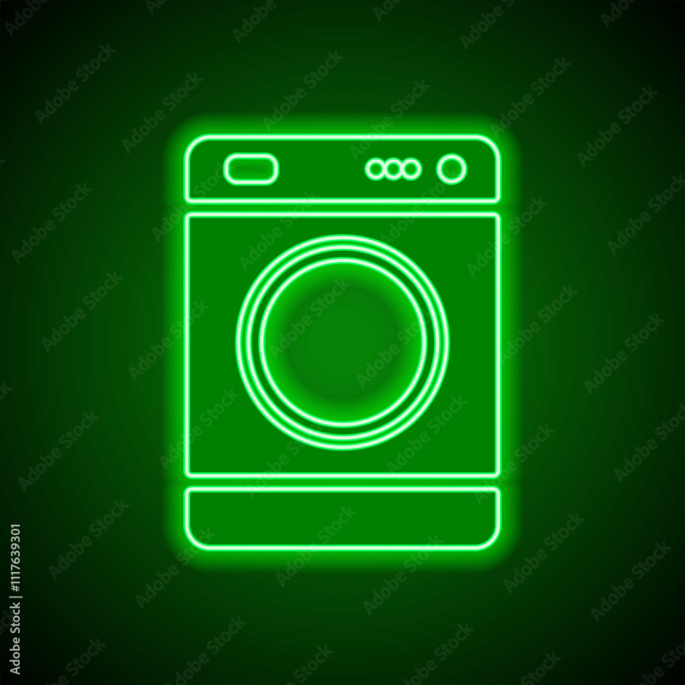 Washer simple icon vector. Flat design. Green neon on black background with green light Washer simple icon vector. Flat design. Green neon on black background with green light