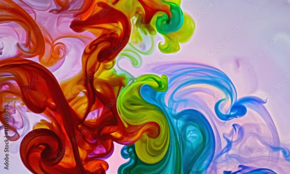 Colorful smoke swirls gracefully on an abstract background, with vibrant hues of red, blue, green, and yellow blending seamlessly