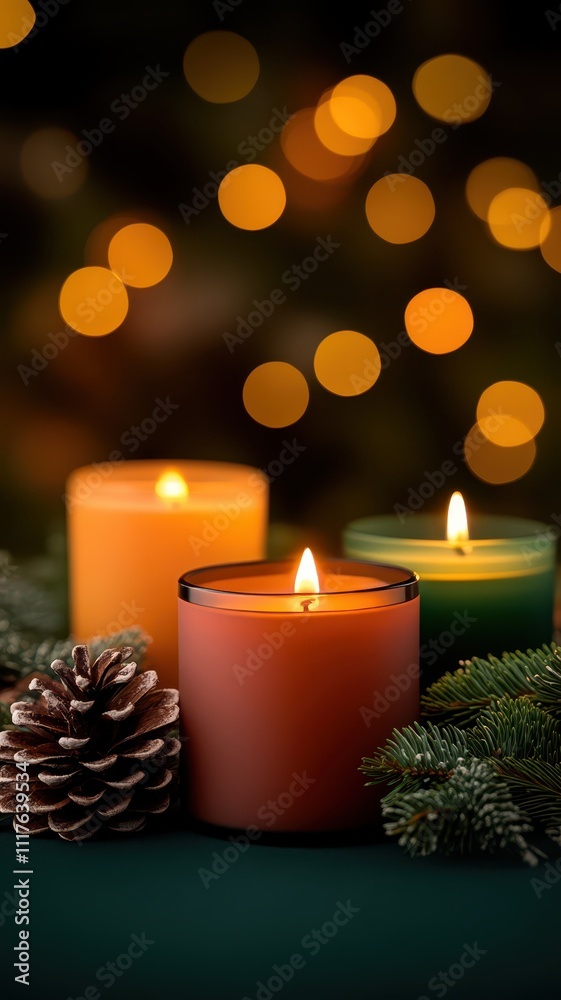 A cozy arrangement of colorful candles surrounded by pinecones, glowing softly against a backdrop of warm, festive bokeh lights. A cozy arrangement of colorful candles surrounded by pinecones, glowing softly against a backdrop of warm, festive bokeh lights.