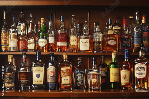 Numerous bottles of alcoholic beverages are neatly arranged on shelves, creating a colorful and diverse display in a bar setting