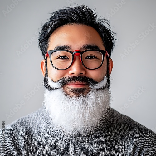 Anime employee with a Santa beard prop on a white background photo