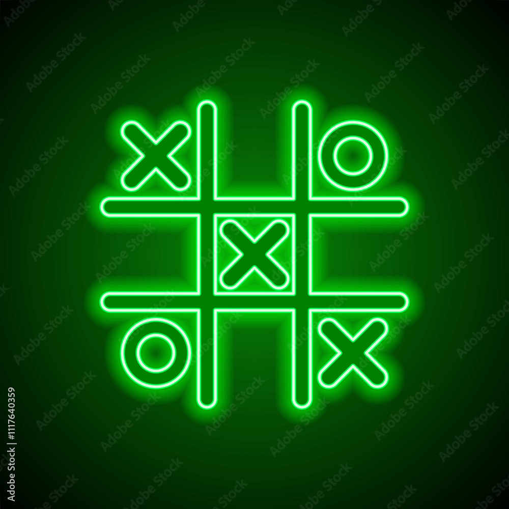 Tic tac toe simple icon. Flat design. Green neon on black background with green light Tic tac toe simple icon. Flat design. Green neon on black background with green light