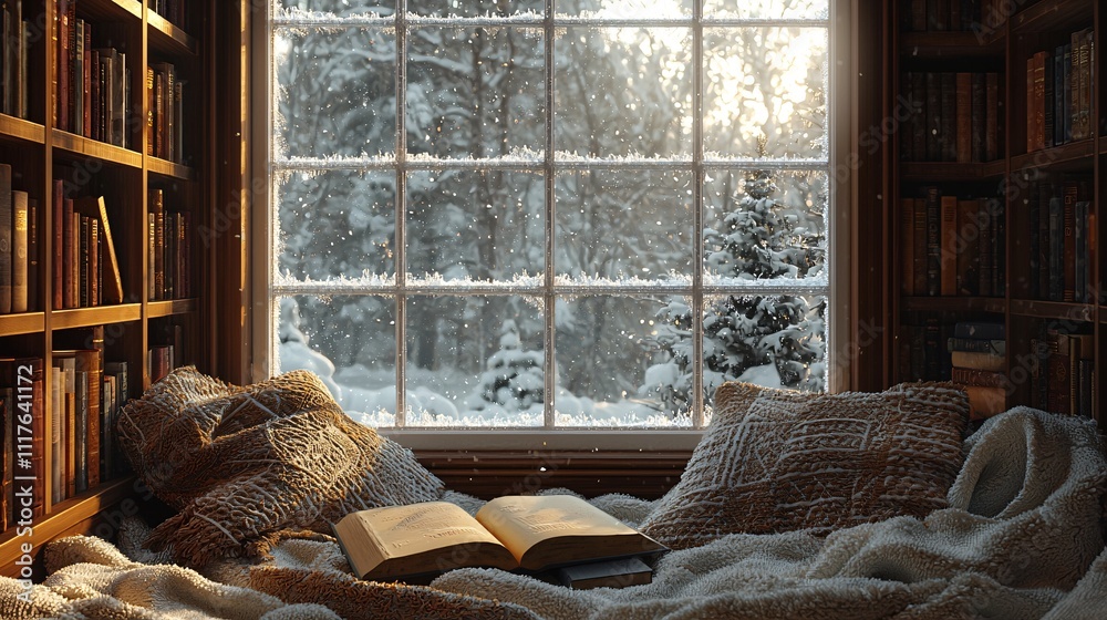 Cozy Winter Reading Nook in Luminous Library with Soft Light and Books – Serene and Inviting Atmosphere Cozy Winter Reading Nook in Luminous Library with Soft Light and Books – Serene and Inviting Atmosphere