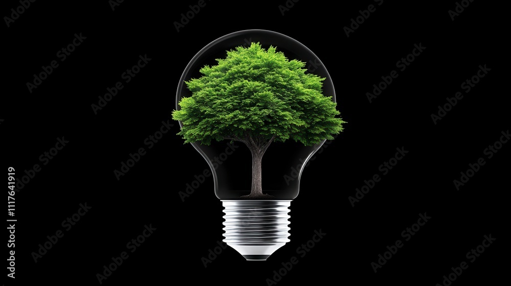 Tree emerging from light bulb representing eco-friendly concept Tree emerging from light bulb representing eco-friendly concept