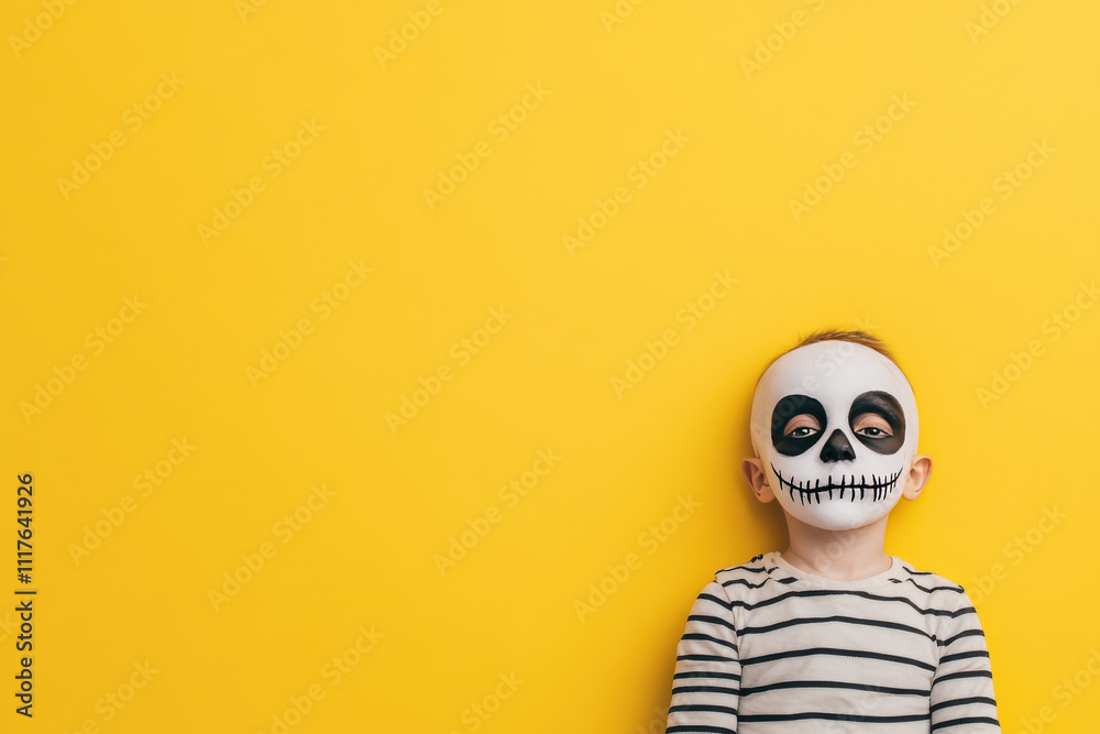 Playful Child with Skeleton Face Paint Posing Against Bright Yellow Background for Halloween or Party Themes Playful Child with Skeleton Face Paint Posing Against Bright Yellow Background for Halloween or Party Themes