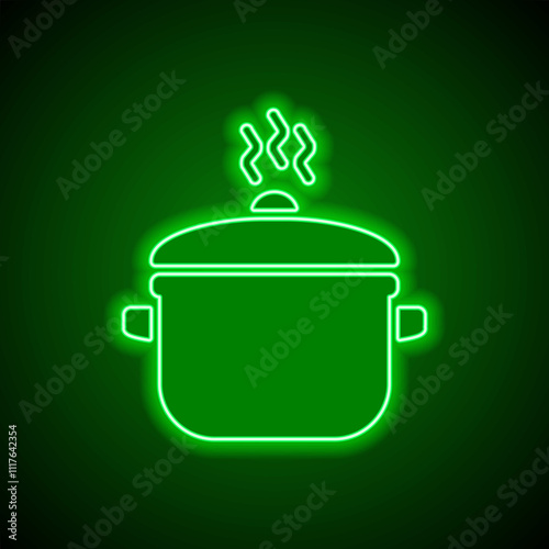 Pot simple icon vector. Flat design. Green neon on black background with green light