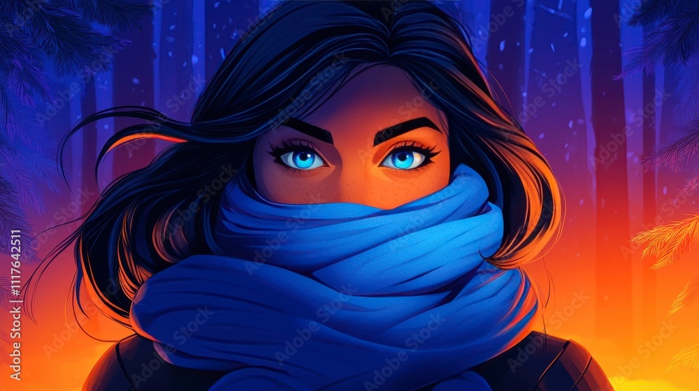 Mysterious woman in winter landscape with vibrant colors Mysterious woman in winter landscape with vibrant colors
