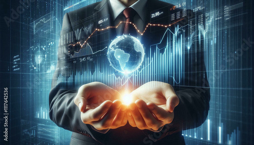 A businessman holding a glowing stock market graph, with futuristic financial data displayed in the background.