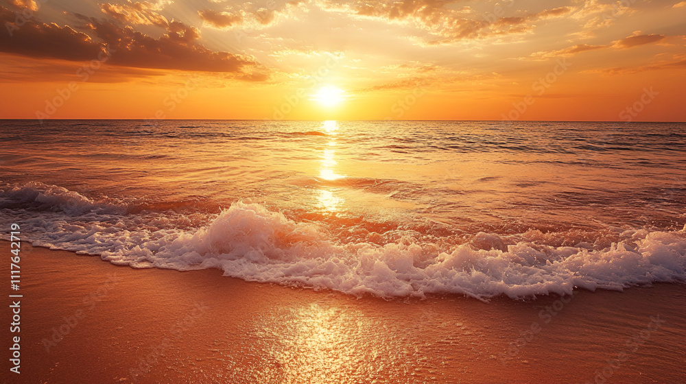 Golden Sunset Ocean Waves on Sandy Beach Golden Sunset Ocean Waves on Sandy Beach