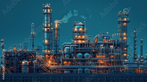 Night view of illuminated industrial refinery complex with various towers, pipes, and tanks.