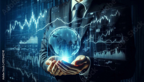 A businessman holding a glowing stock market graph, with futuristic financial data displayed in the background.