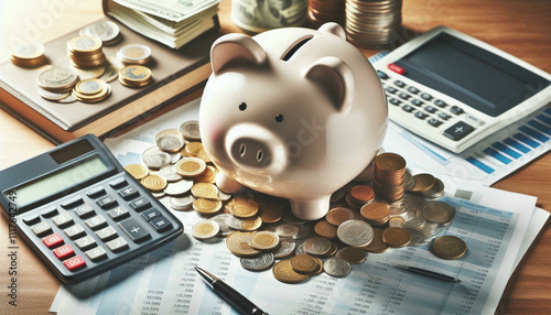 A realistic piggy bank on a desk surrounded by coins, a calculator, and a financial report.