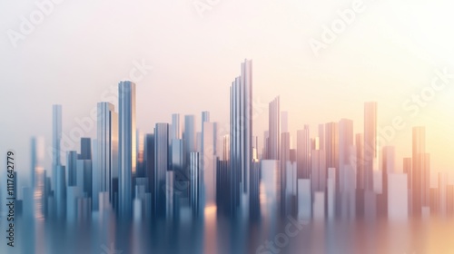 A blurred skyline at dawn, featuring tall skyscrapers with a soft gradient of colors, creating a serene and modern urban atmosphere.
