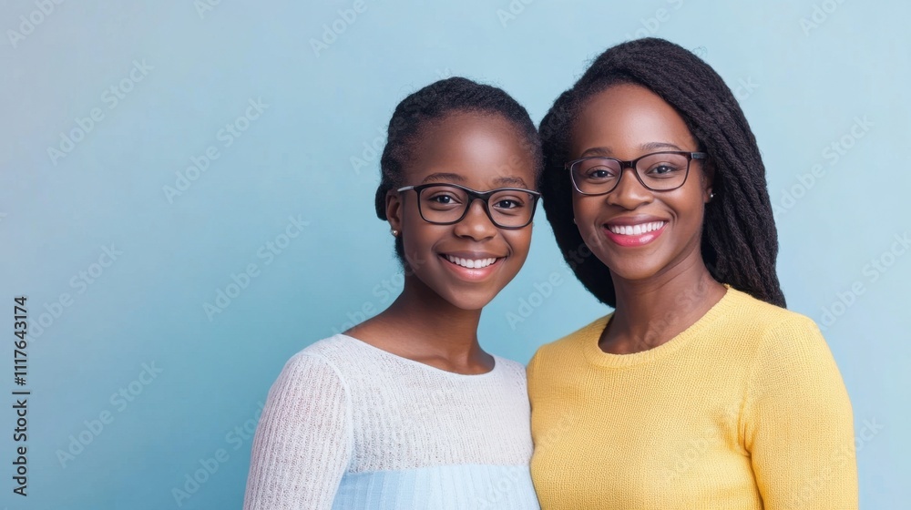 A joyful moment between a mother and daughter, both wearing glasses, smiling against a light blue background. A joyful moment between a mother and daughter, both wearing glasses, smiling against a light blue background.