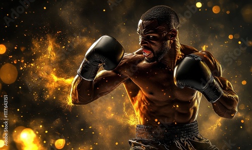 A muscular boxer in an intense pose, surrounded by dynamic effects. photo