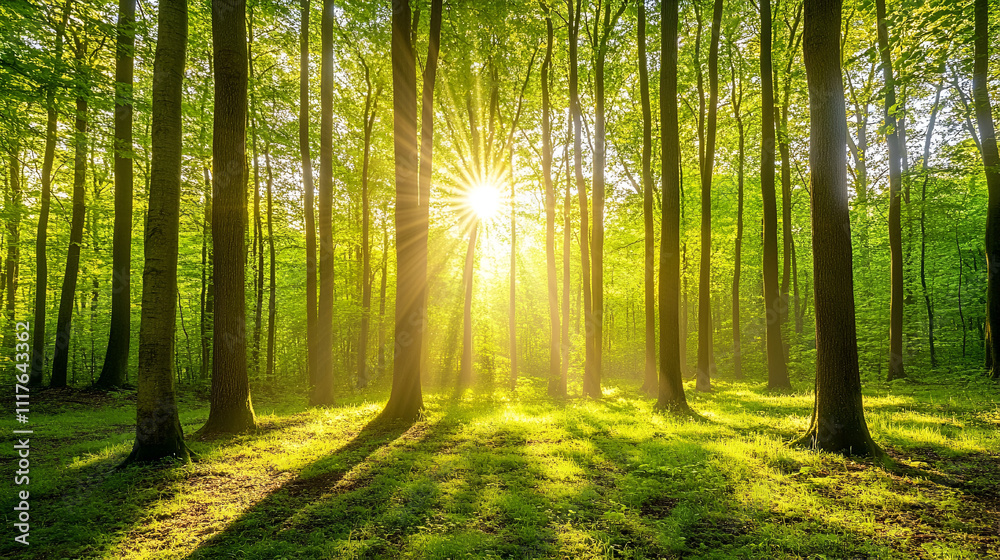 Obraz premium Sunlit Deciduous Forest at Dawn