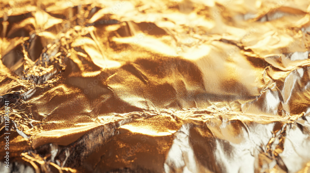 Close-up view of crumpled golden foil with a shimmering texture and rich metallic tones. Close-up view of crumpled golden foil with a shimmering texture and rich metallic tones.