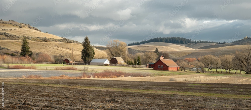 Farmhouse on a Cloudy Day with Rolling Hills