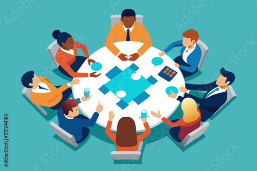 Overhead view employees at roundtable meeting, sharing project updates, has central puzzle piece design, symbolizing teamwork and collaboration, participants are engaged, using laptops documents. 