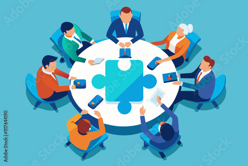 Overhead view employees at roundtable meeting, sharing project updates, has central puzzle piece design, symbolizing teamwork and collaboration, participants are engaged, using laptops documents. 